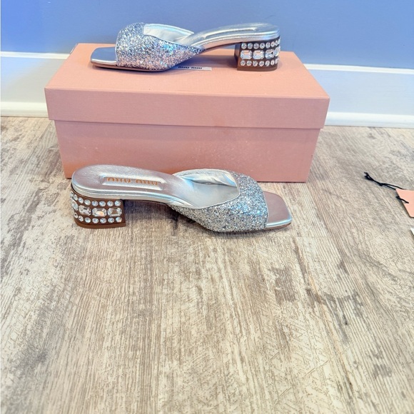 Miu Miu Silver Glitter Mules - Picture 3 of 8